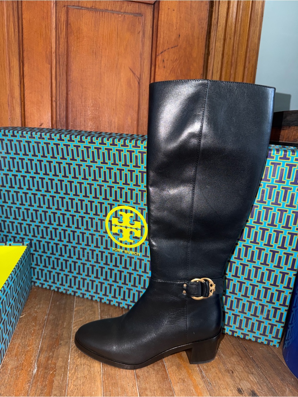 Tory Burch Black Leather Riding Boot with Gold Buckle